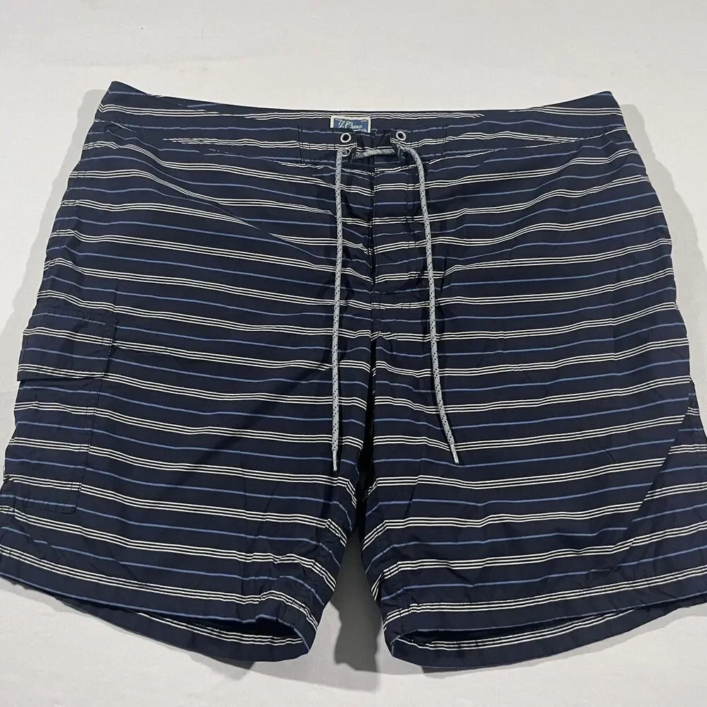 J. Crew Swim Trunks Mens Blue Striped Poly Preppy Surf Shorts Drawstring Sz 38